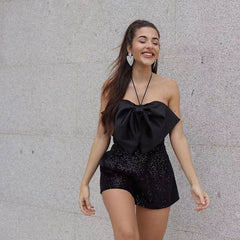 First Date Big Bow Sparkle Sequin Halter Jumpsuit