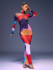 Saanvi Long Sleeve Multi Rhinestone Maxi Dress