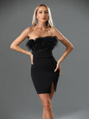 Saga Strapless Feather Trimmed Mini Dress In Black