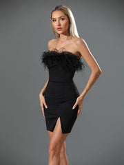 Saga Strapless Feather Trimmed Mini Dress In Black