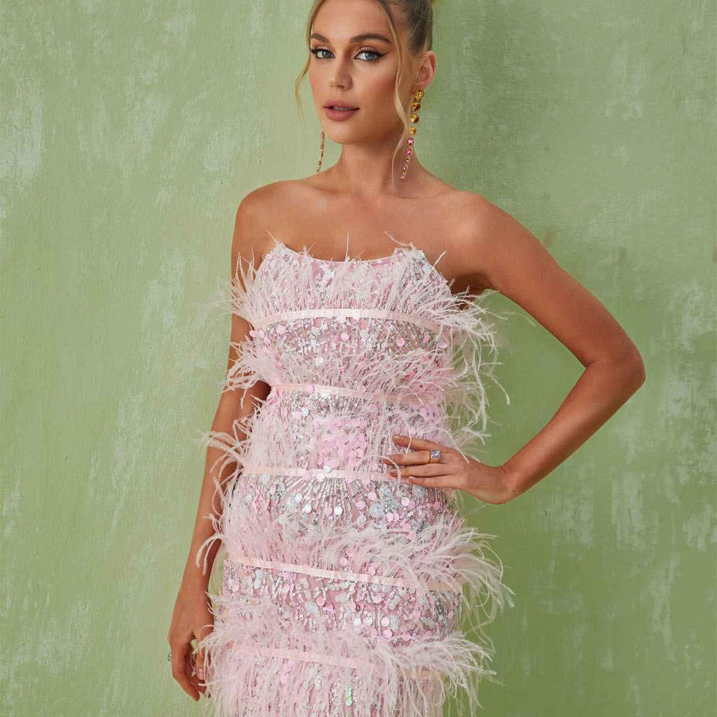 Senara Strapless Sequin Feather Mini Dress – Fiel Shop