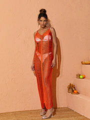 Sevilla V Neck Knitted Maxi Dress In Orange