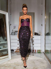 Sevyn Corset Sequin Midi Dress In Purple