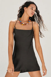 Cowl Neck Criss Cross Back Summer Satin Slip Mini Dress - Black