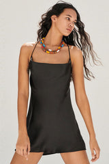 Cowl Neck Criss Cross Back Summer Satin Slip Mini Dress - Black