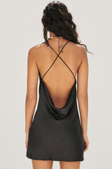 Cowl Neck Criss Cross Back Summer Satin Slip Mini Dress - Black
