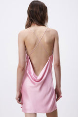 Cowl Neck Criss Cross Back Summer Satin Slip Mini Dress - Pink