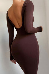 Open Back Boat Neck Long Sleeve Winter Bodycon Midi Dress - Coffee