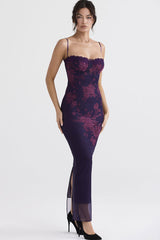 Sweetheart Bodycon Lace Mesh Sleeveless Printed Maxi Dress - Floral