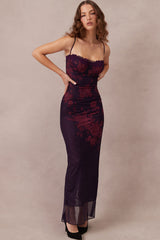 Sweetheart Bodycon Lace Mesh Sleeveless Printed Maxi Dress - Floral