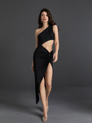Shion One Shoulder Cutout Midi Dress In Black