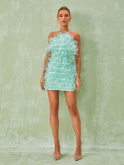 Shreya Feather Mini Dress In Mint
