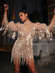 Sparrow Sequin Fringe Mini Dress In Champagne