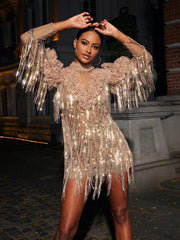 Sparrow Sequin Fringe Mini Dress In Champagne