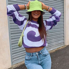 Whirlpool Round Neck Pullover Sweater - Purple