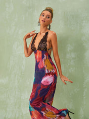 Svea Lace Floral Printed Maxi Dress In Red