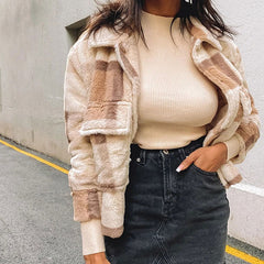 Check Print Long Sleeve Button Up Flap Pocket Teddy Jacket - Brown