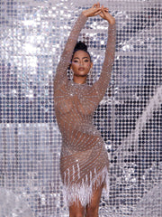 Talon Long Sleeve Crystal Fringe Dress In Dark Nude