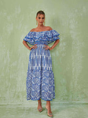 Soleil Off Shoulder Hollow Maxi Dress In Blue