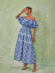 Soleil Off Shoulder Hollow Maxi Dress In Blue