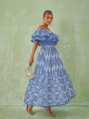 Soleil Off Shoulder Hollow Maxi Dress In Blue