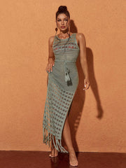 Xanthia Knit Fringe Cover Up Dress In Green