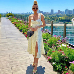 Printed High Slit A-Line Slip Midi Sundress - Yellow