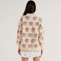 Strawberry Crew Neck Knit Pullover Sweater - Pink