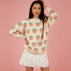 Strawberry Crew Neck Knit Pullover Sweater - Pink