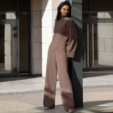 High Neck Bell Sleeve Sweater Wide Leg Pants Matching Set - Caramel
