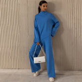 High Neck Bell Sleeve Sweater Wide Leg Pants Matching Set - Royal Blue