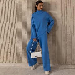 High Neck Bell Sleeve Sweater Wide Leg Pants Matching Set - Royal Blue