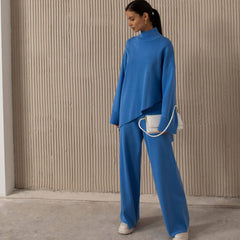 High Neck Bell Sleeve Sweater Wide Leg Pants Matching Set - Royal Blue