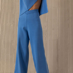 High Neck Bell Sleeve Sweater Wide Leg Pants Matching Set - Royal Blue