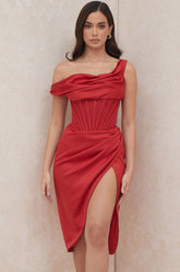 Asymmetric High Slit Ruched Cowl Neck Corset Midi Dress - Red