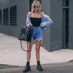 High Waist Cut Out Distressed Denim Shorts - Blue