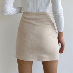 High Waist Button Up Faux Suede Wrap Mini Skirt - Beige