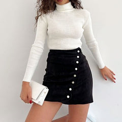 High Waist Button Up Faux Suede Wrap Mini Skirt - Black