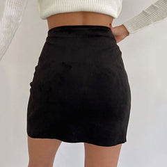 High Waist Button Up Faux Suede Wrap Mini Skirt - Black