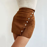 High Waist Button Up Faux Suede Wrap Mini Skirt - Brown