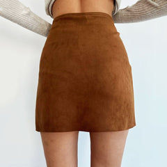 High Waist Button Up Faux Suede Wrap Mini Skirt - Brown
