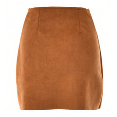 High Waist Button Up Faux Suede Wrap Mini Skirt - Brown