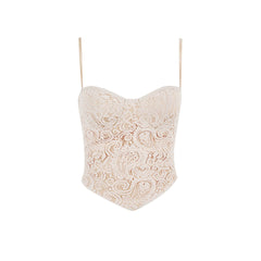 Paisley Lace Sweetheart Sleeveless Crop Tank Top - Apricot