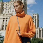 Rib Trim Turtleneck Long Sleeve Pullover Sweater - Orange