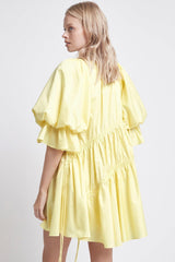 Asymmetric Ruffle Puff Sleeve Drawstring Babydoll Dress - Yellow