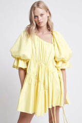 Asymmetric Ruffle Puff Sleeve Drawstring Babydoll Dress - Yellow