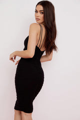 Asymmetric Strappy Cutout Ruched Midi Little Black Dress - Black