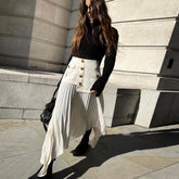 High Waist Panel Trim Button Up Pleated Midi Skirt - Beige