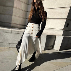 High Waist Panel Trim Button Up Pleated Midi Skirt - Beige