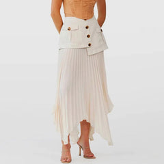 High Waist Panel Trim Button Up Pleated Midi Skirt - Beige